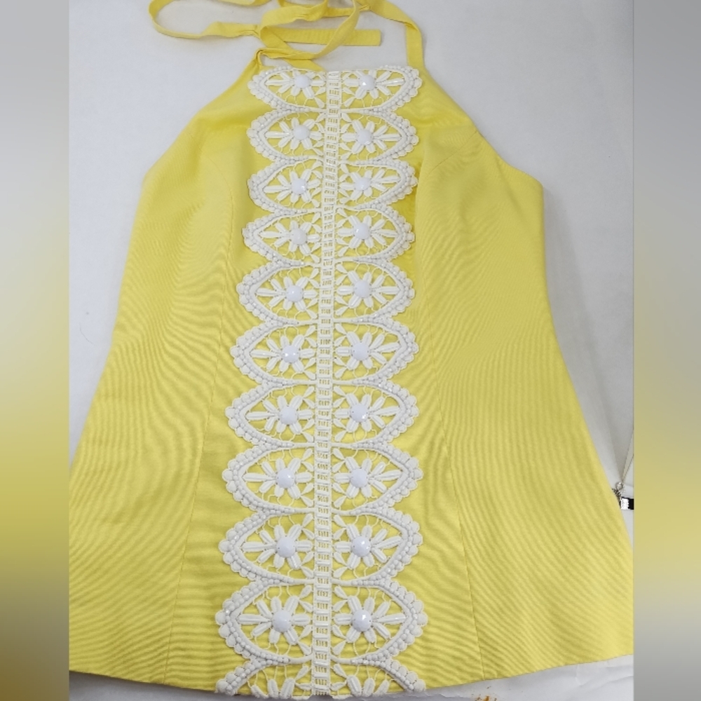 Lilly Pulitzer Solid Yellow White Bejeweled Jacquard Summer Halter Top